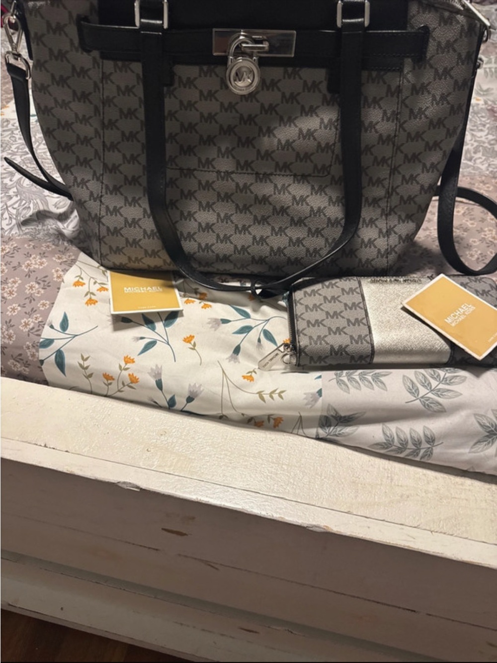 Michael Kors Gray MK Signature Tote with Black Trim and Silver Hardware